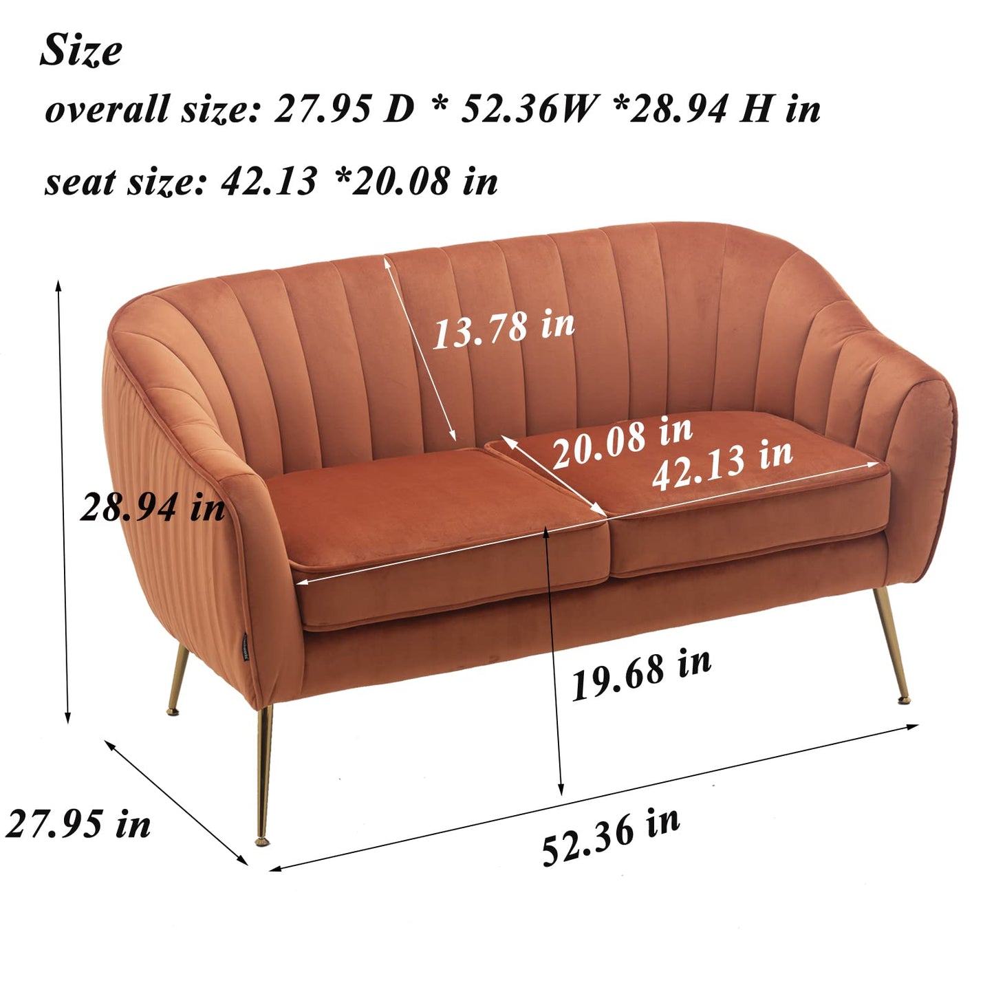 Artechworks Contemporary Tufted Velvet Tub Barrel Loveseat Sofa Chair Upholstered Couch with Golden Metal Legs Club Two-Seat Sofa for Living Reading Room Bedroom Apartment Small Space Dorm, Caramel