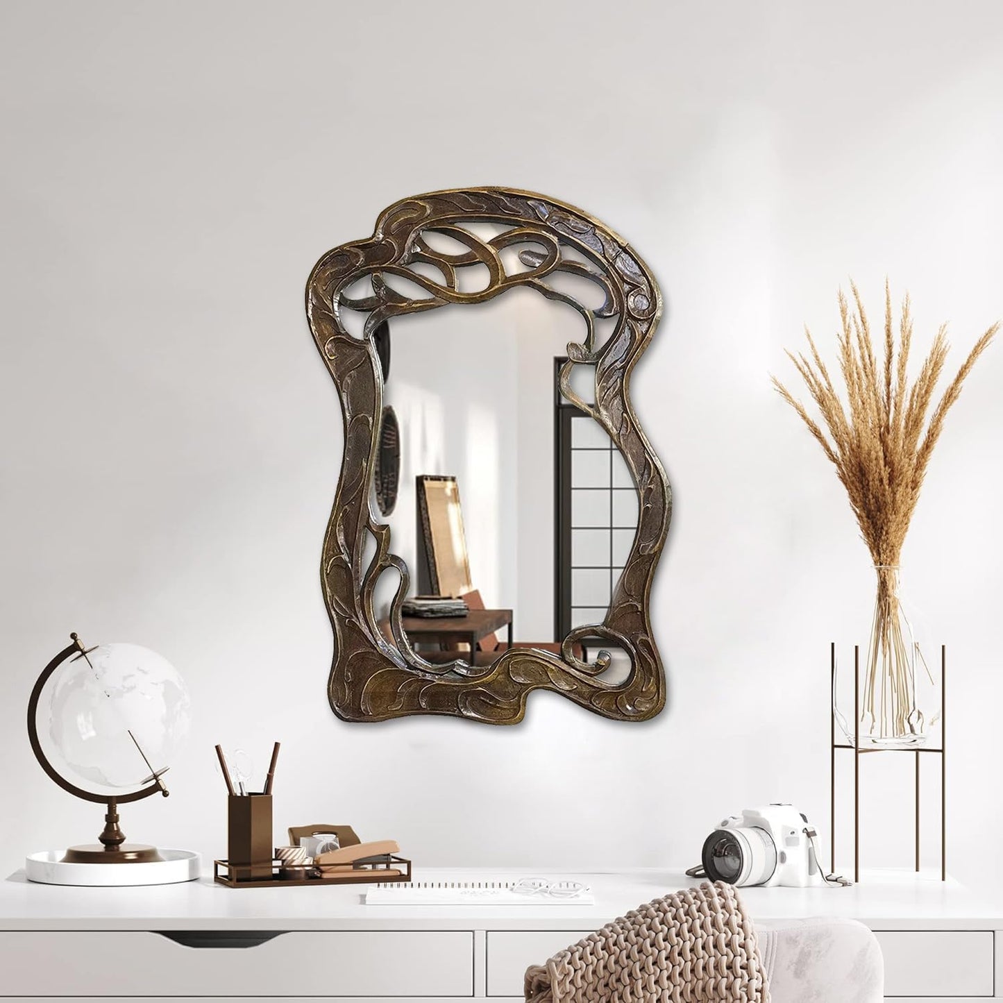 Vienna - 20 in x 30 in Antique Style Hand Carved Mango Wood Curving Branches Design Decorative Wall Mirror