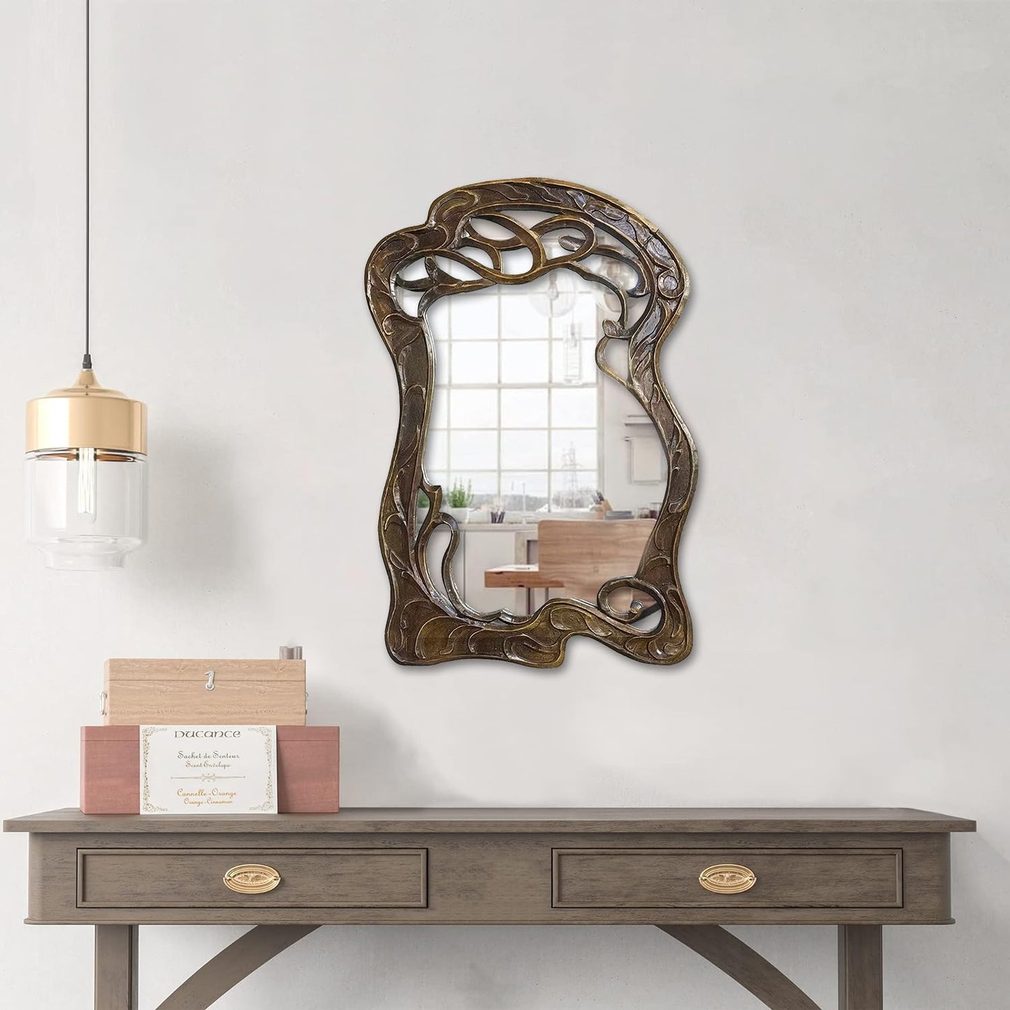 Vienna - 20 in x 30 in Antique Style Hand Carved Mango Wood Curving Branches Design Decorative Wall Mirror