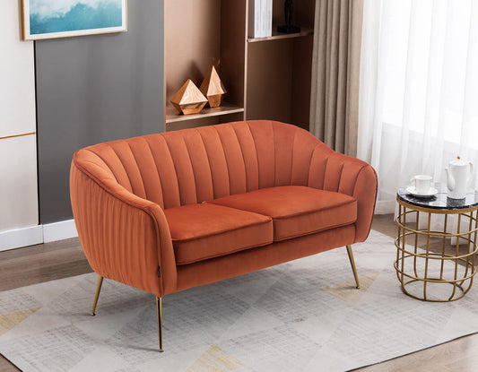 Artechworks Contemporary Tufted Velvet Tub Barrel Loveseat Sofa Chair Upholstered Couch with Golden Metal Legs Club Two-Seat Sofa for Living Reading Room Bedroom Apartment Small Space Dorm, Caramel