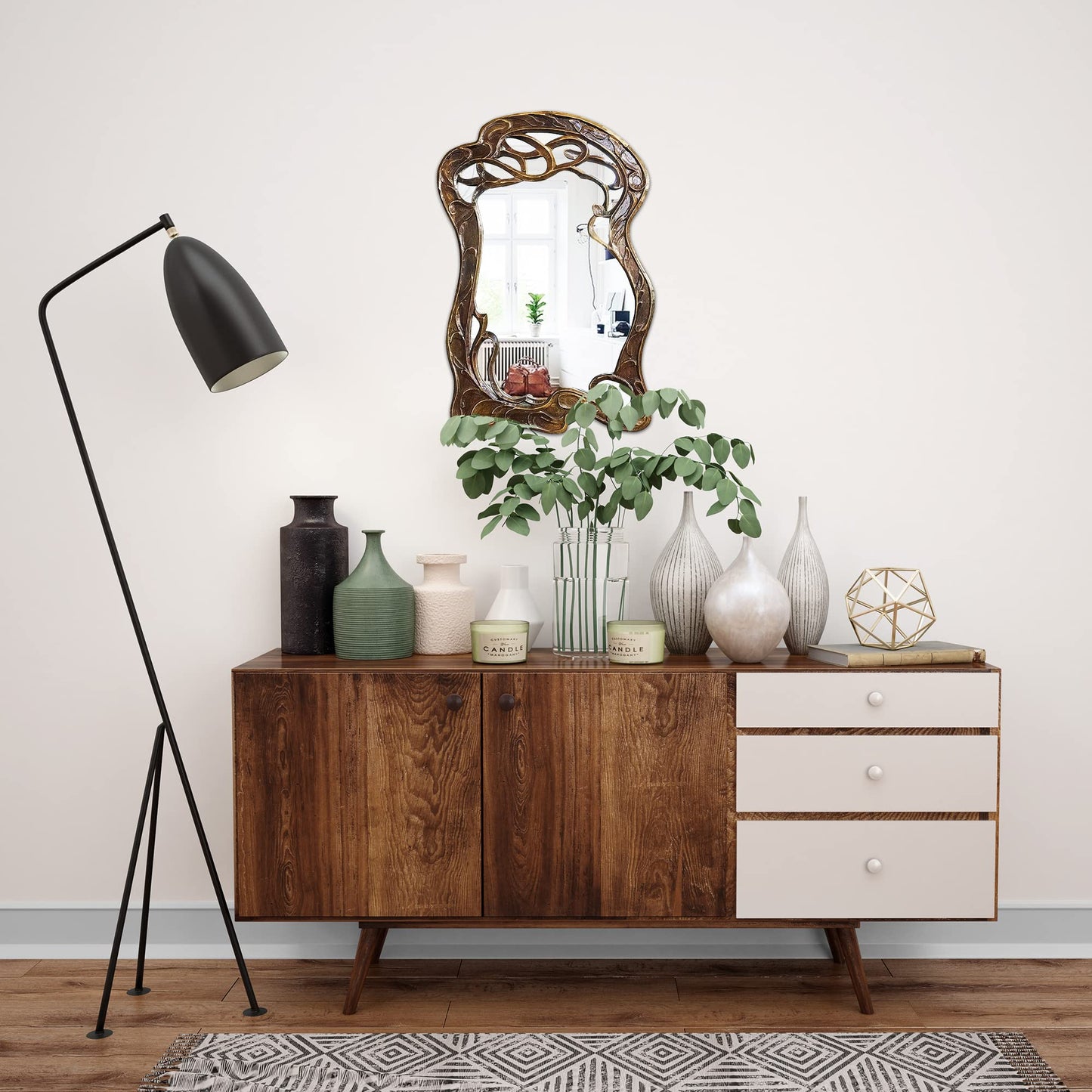 Vienna - 20 in x 30 in Antique Style Hand Carved Mango Wood Curving Branches Design Decorative Wall Mirror