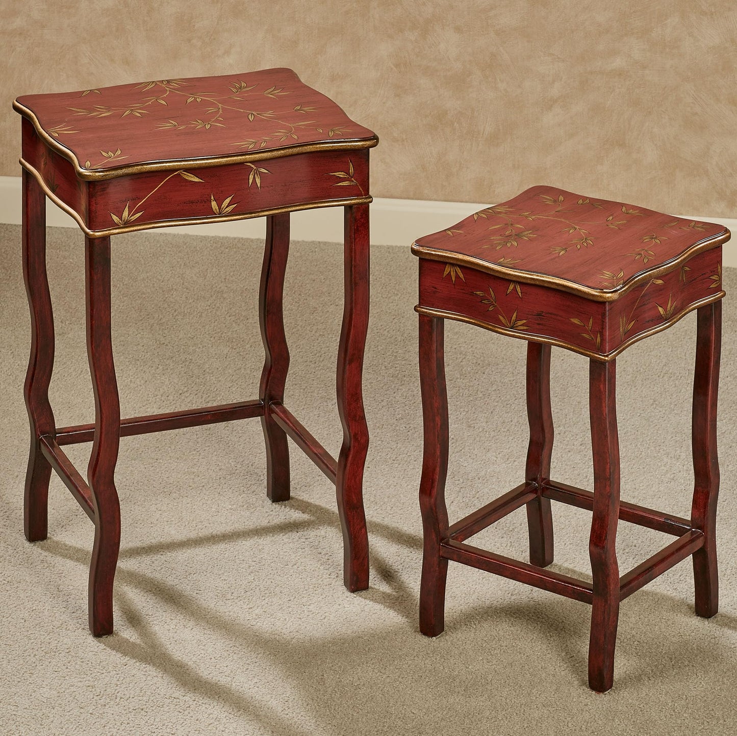 Tropical Fortune Wooden Bamboo Leaf Nesting Tables Burgundy Set of Two | Oriental Style Accent | Eastern Inspired Furniture for Bedroom, Living Room