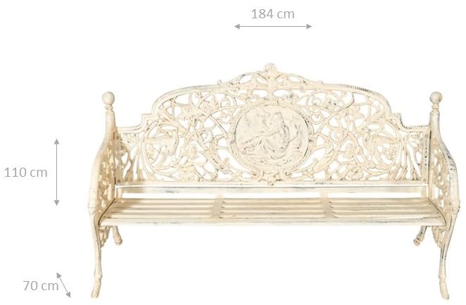 Biscottini Cast Iron Made Art Nouveau Antiqued White Finish W184xDP70xH105 cm Sized Bench