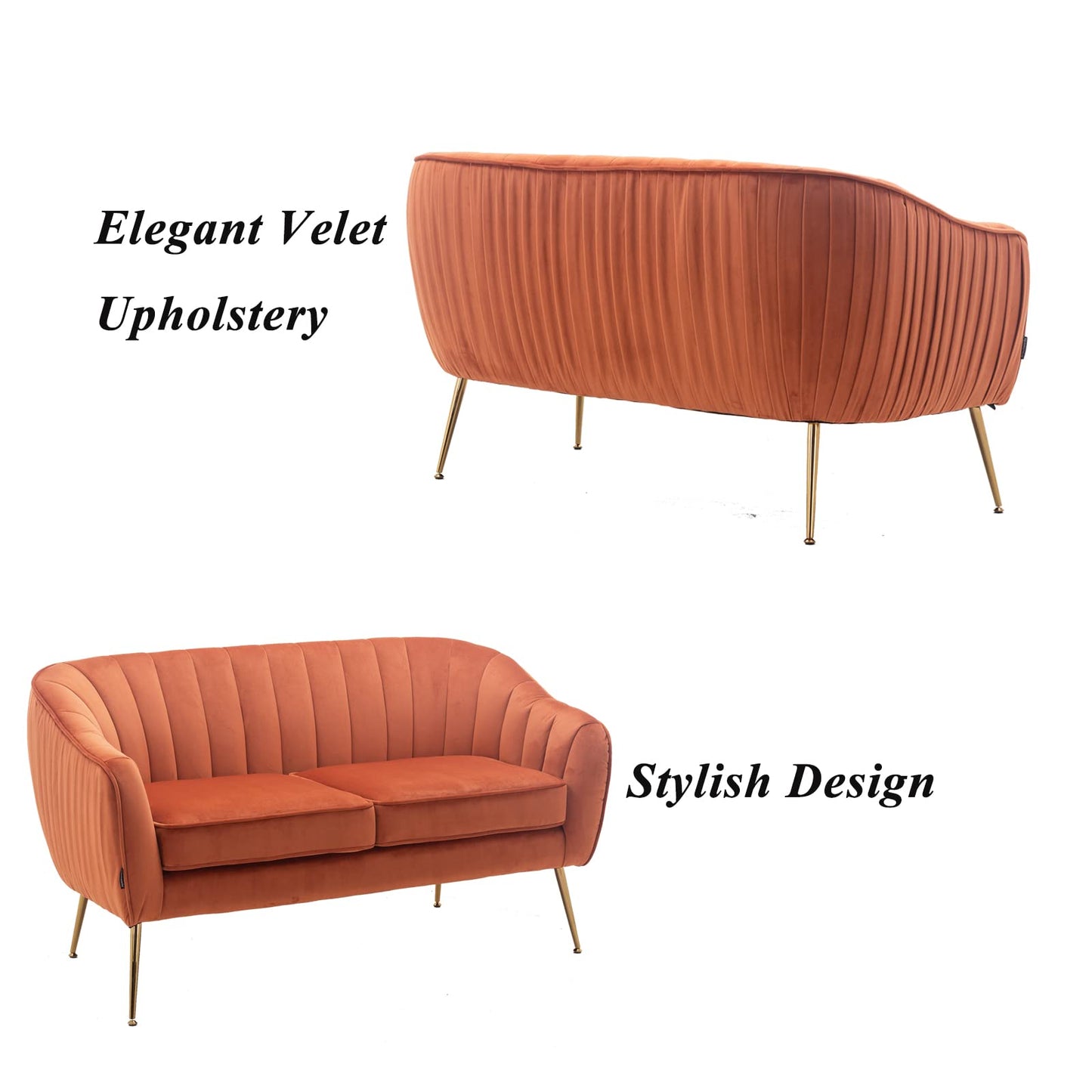 Artechworks Contemporary Tufted Velvet Tub Barrel Loveseat Sofa Chair Upholstered Couch with Golden Metal Legs Club Two-Seat Sofa for Living Reading Room Bedroom Apartment Small Space Dorm, Caramel
