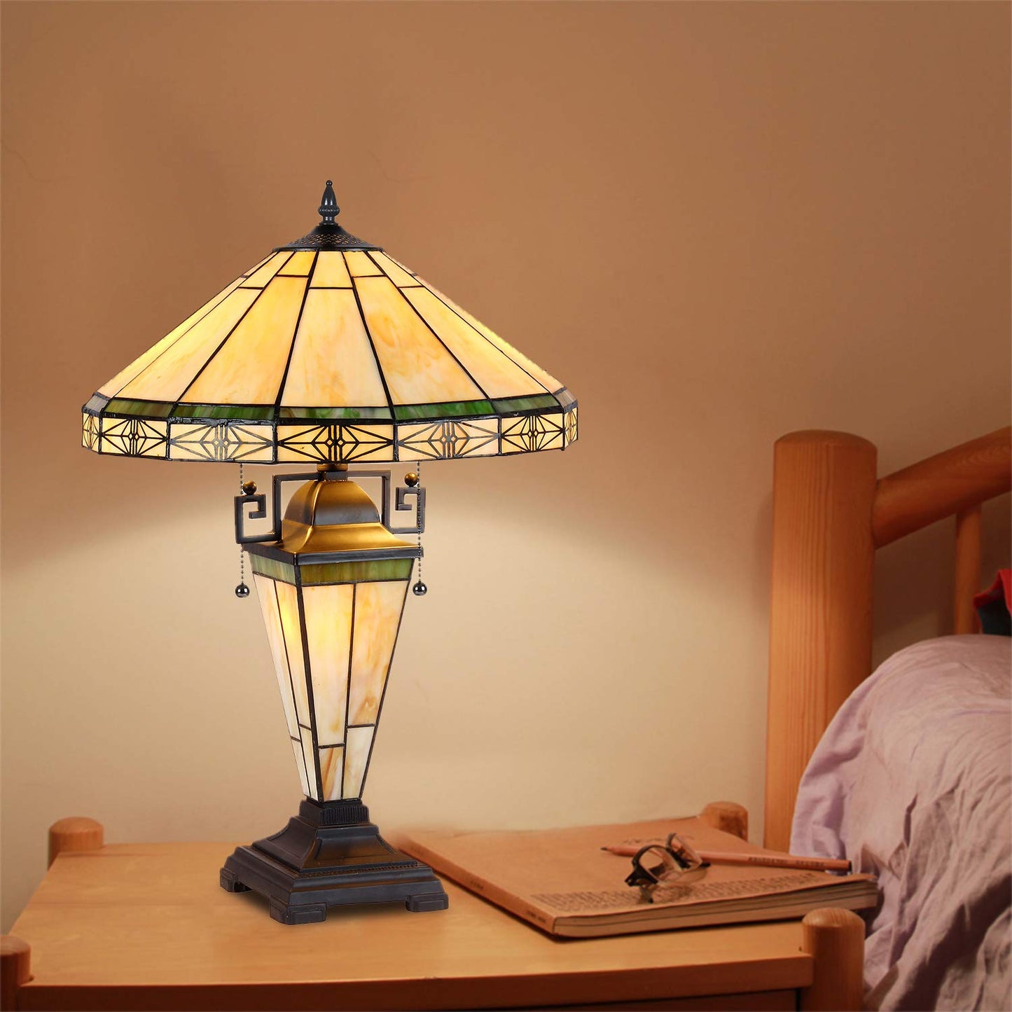 Capulina Tiffany Lamp Stained Glass Table Lamp 3-Light with Nightlight 16X16X24 Inches Cream Tiffany Style Mother-Daughter Vase Desk Light Decor for Living Room Bedroom Home Office