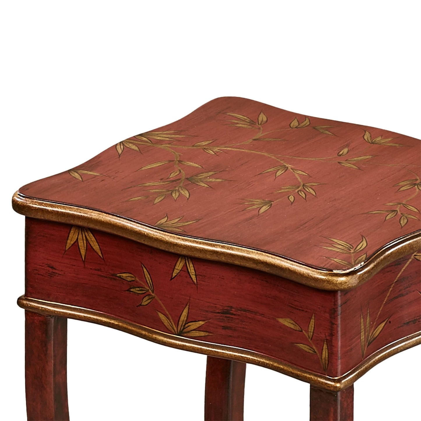 Tropical Fortune Wooden Bamboo Leaf Nesting Tables Burgundy Set of Two | Oriental Style Accent | Eastern Inspired Furniture for Bedroom, Living Room