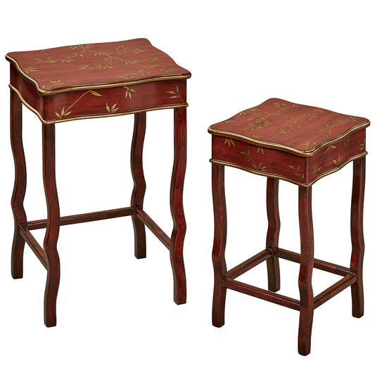 Tropical Fortune Wooden Bamboo Leaf Nesting Tables Burgundy Set of Two | Oriental Style Accent | Eastern Inspired Furniture for Bedroom, Living Room