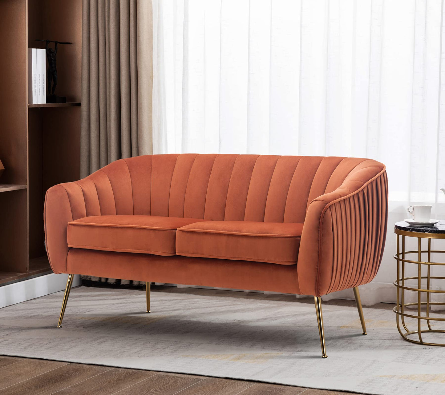 Artechworks Contemporary Tufted Velvet Tub Barrel Loveseat Sofa Chair Upholstered Couch with Golden Metal Legs Club Two-Seat Sofa for Living Reading Room Bedroom Apartment Small Space Dorm, Caramel