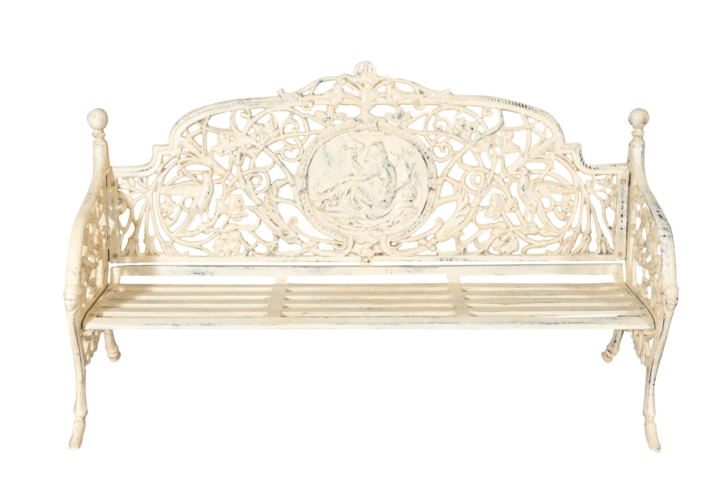 Biscottini Cast Iron Made Art Nouveau Antiqued White Finish W184xDP70xH105 cm Sized Bench