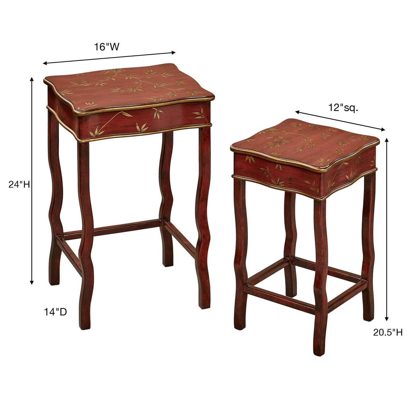Tropical Fortune Wooden Bamboo Leaf Nesting Tables Burgundy Set of Two | Oriental Style Accent | Eastern Inspired Furniture for Bedroom, Living Room