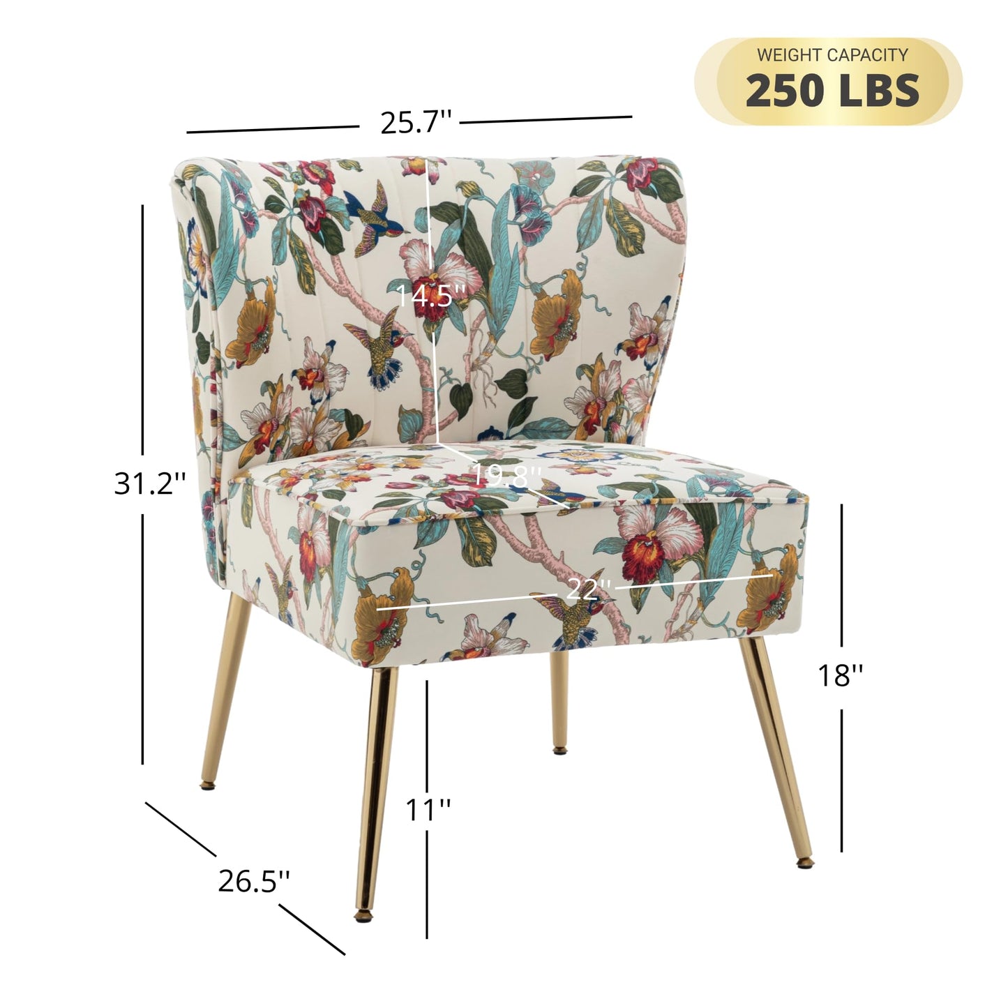 DRKAT Armless Accent Chair with Gold Metal Legs, Modern Comfy Tufted Living Room Chair, Velvet Upholstered Floral Side Chair, Mid Century Slipper Chair for Bedroom, Flower Print, Beige