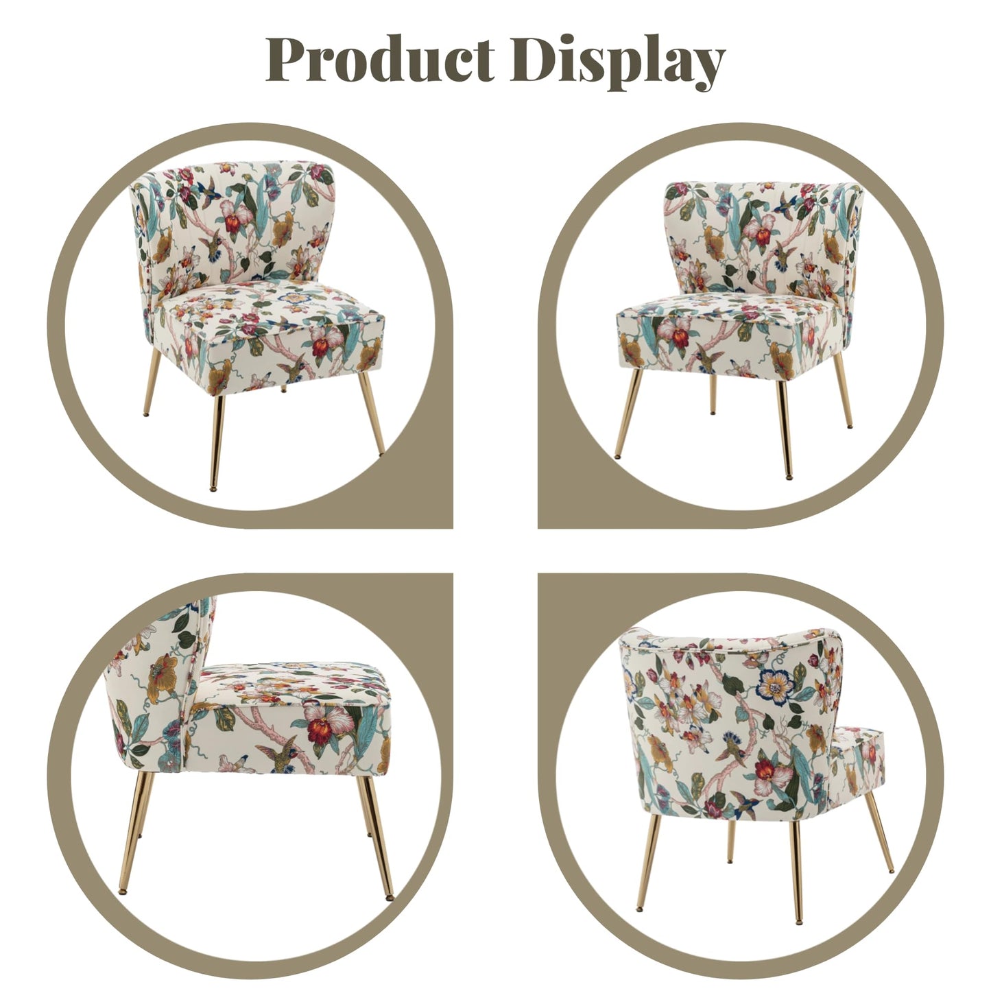 DRKAT Armless Accent Chair with Gold Metal Legs, Modern Comfy Tufted Living Room Chair, Velvet Upholstered Floral Side Chair, Mid Century Slipper Chair for Bedroom, Flower Print, Beige
