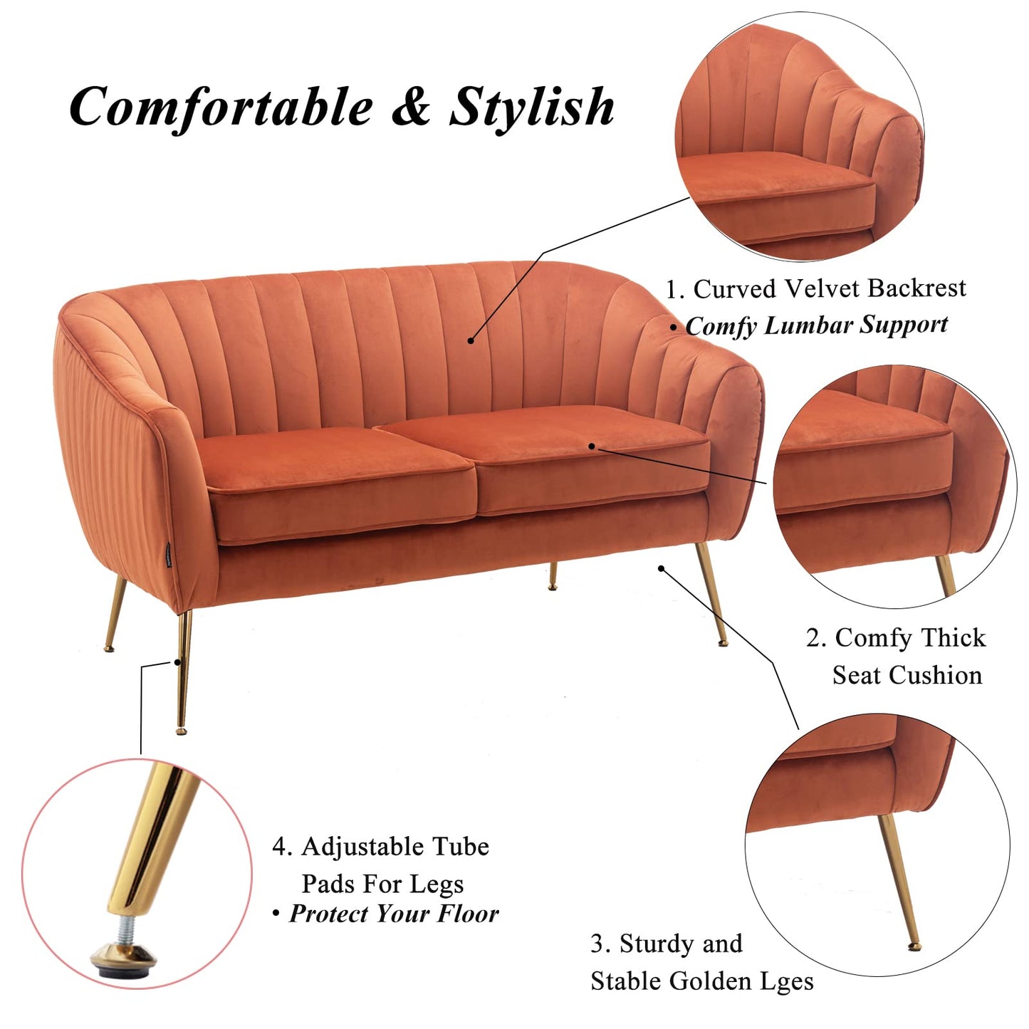 Artechworks Contemporary Tufted Velvet Tub Barrel Loveseat Sofa Chair Upholstered Couch with Golden Metal Legs Club Two-Seat Sofa for Living Reading Room Bedroom Apartment Small Space Dorm, Caramel