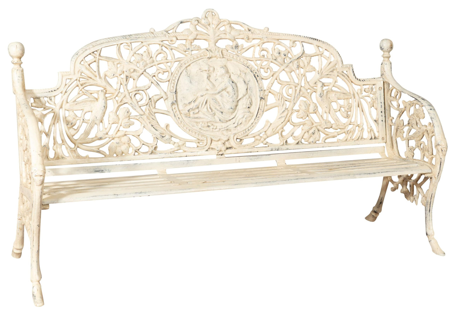 Biscottini Cast Iron Made Art Nouveau Antiqued White Finish W184xDP70xH105 cm Sized Bench