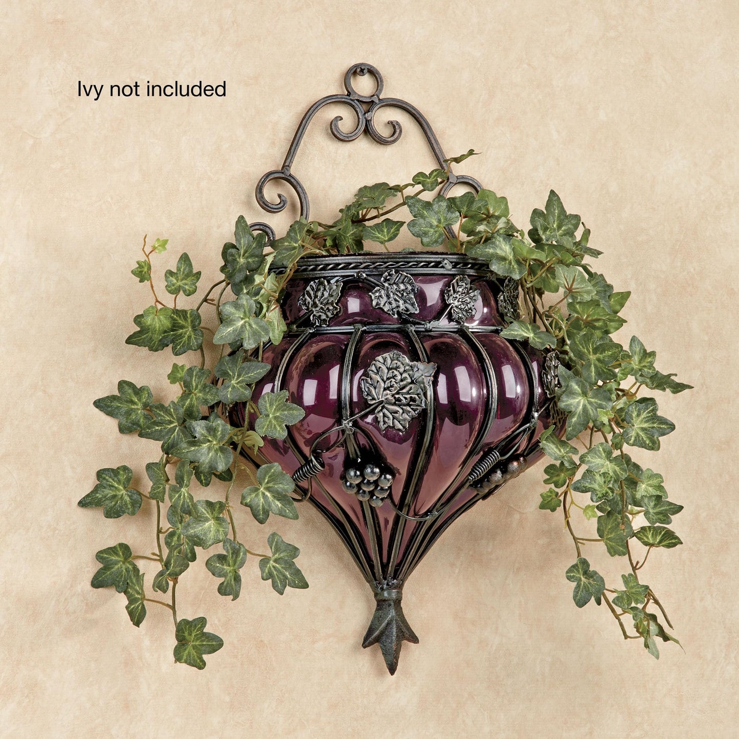 Touch of Class Grape Vase Wall Accent - Metal, Glass - Purple, Antique Bronze - Vineyard Grapevines and Leaves Decor for Bedroom, Living Room, Dining Room, Kitchen, Sunroom