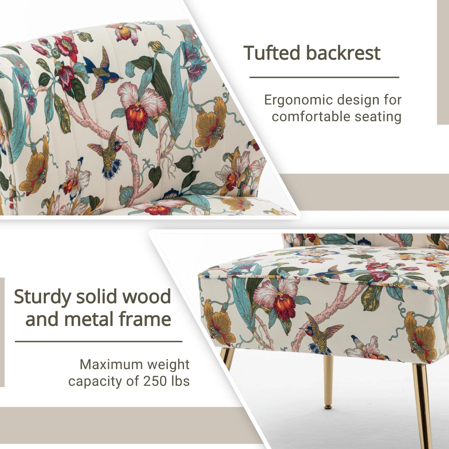 DRKAT Armless Accent Chair with Gold Metal Legs, Modern Comfy Tufted Living Room Chair, Velvet Upholstered Floral Side Chair, Mid Century Slipper Chair for Bedroom, Flower Print, Beige