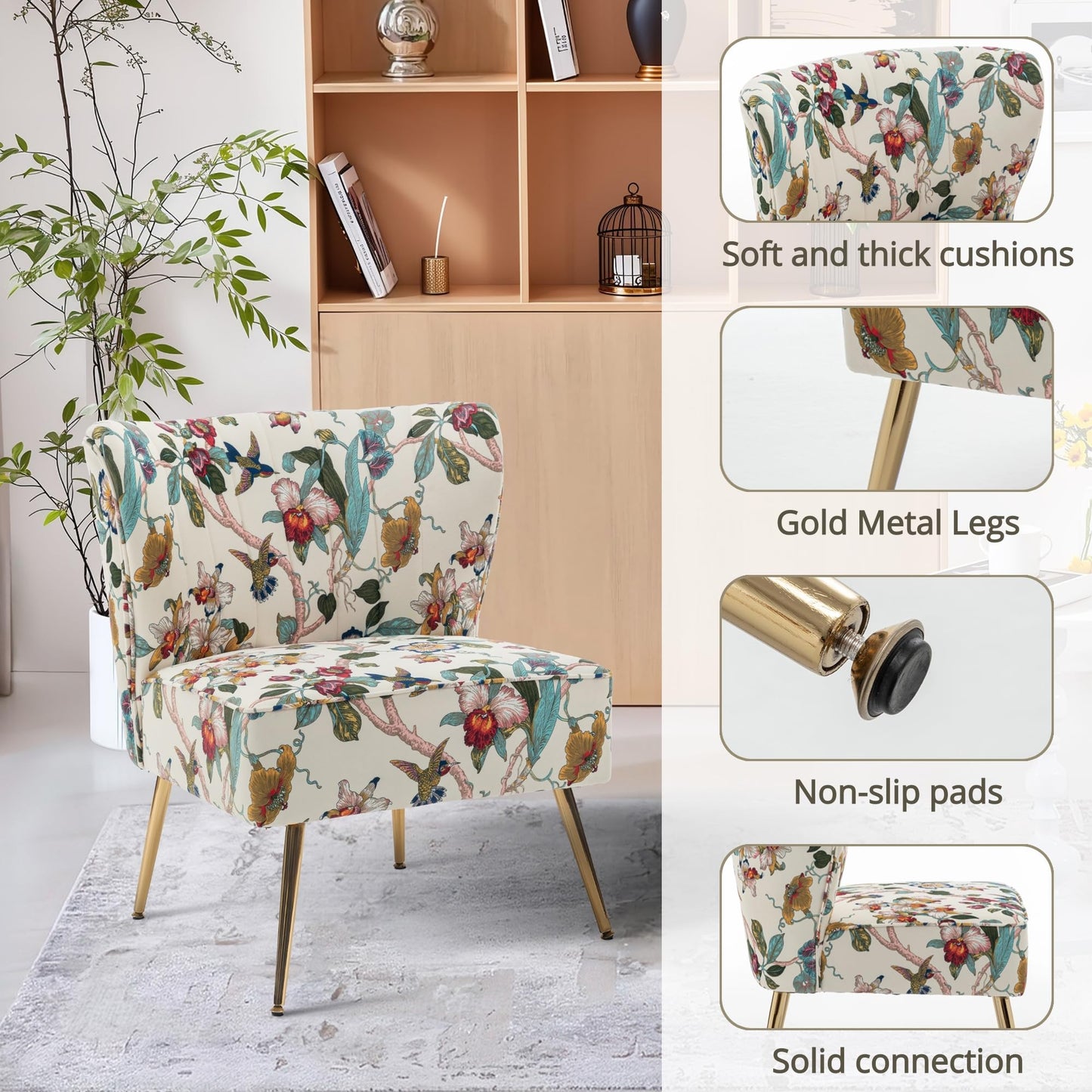 DRKAT Armless Accent Chair with Gold Metal Legs, Modern Comfy Tufted Living Room Chair, Velvet Upholstered Floral Side Chair, Mid Century Slipper Chair for Bedroom, Flower Print, Beige