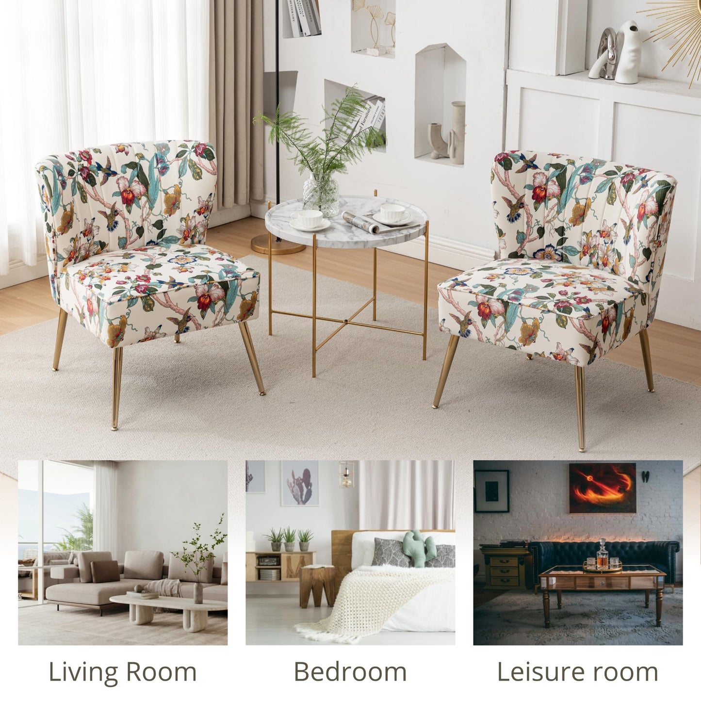 DRKAT Armless Accent Chair with Gold Metal Legs, Modern Comfy Tufted Living Room Chair, Velvet Upholstered Floral Side Chair, Mid Century Slipper Chair for Bedroom, Flower Print, Beige