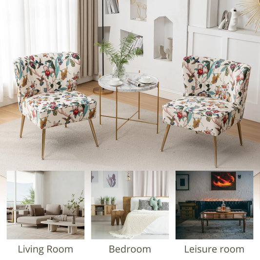 DRKAT Armless Accent Chair with Gold Metal Legs, Modern Comfy Tufted Living Room Chair, Velvet Upholstered Floral Side Chair, Mid Century Slipper Chair for Bedroom, Flower Print, Beige