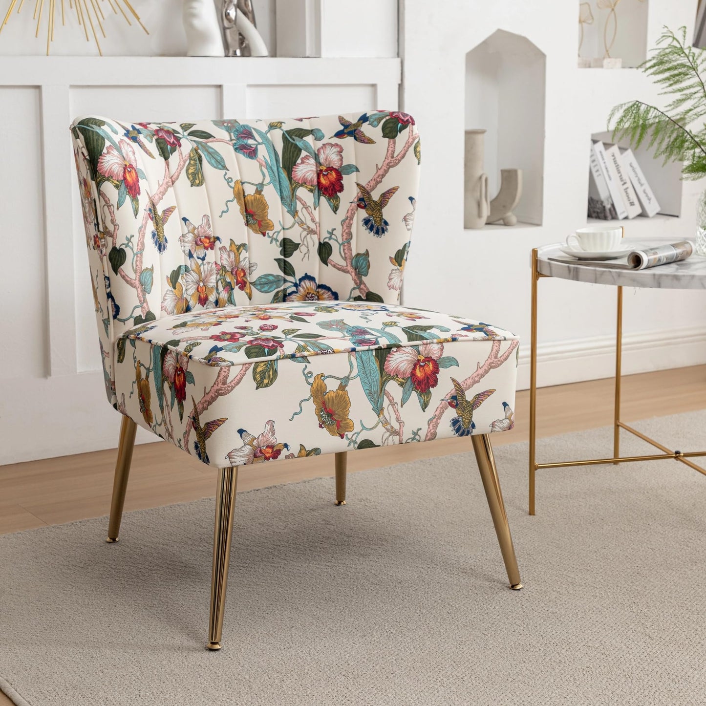 DRKAT Armless Accent Chair with Gold Metal Legs, Modern Comfy Tufted Living Room Chair, Velvet Upholstered Floral Side Chair, Mid Century Slipper Chair for Bedroom, Flower Print, Beige