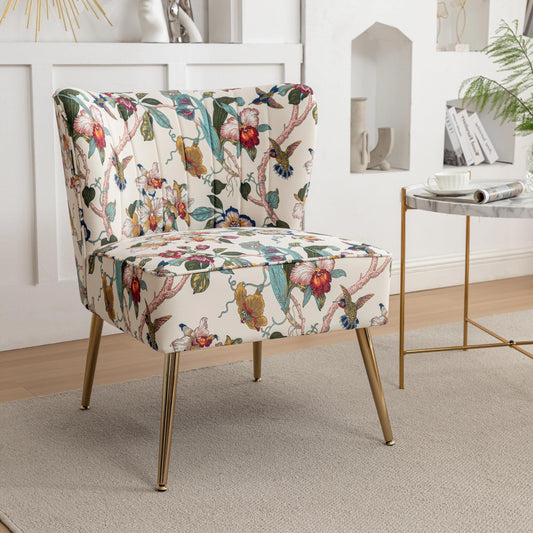 DRKAT Armless Accent Chair with Gold Metal Legs, Modern Comfy Tufted Living Room Chair, Velvet Upholstered Floral Side Chair, Mid Century Slipper Chair for Bedroom, Flower Print, Beige