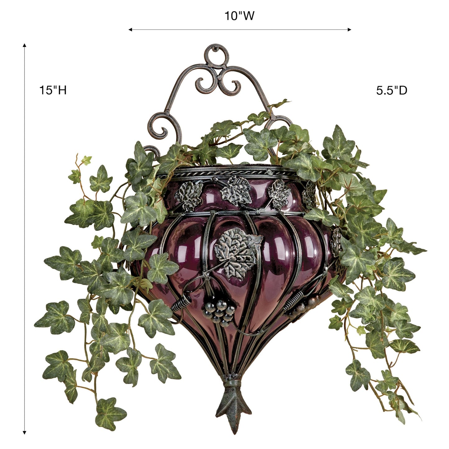 Touch of Class Grape Vase Wall Accent - Metal, Glass - Purple, Antique Bronze - Vineyard Grapevines and Leaves Decor for Bedroom, Living Room, Dining Room, Kitchen, Sunroom