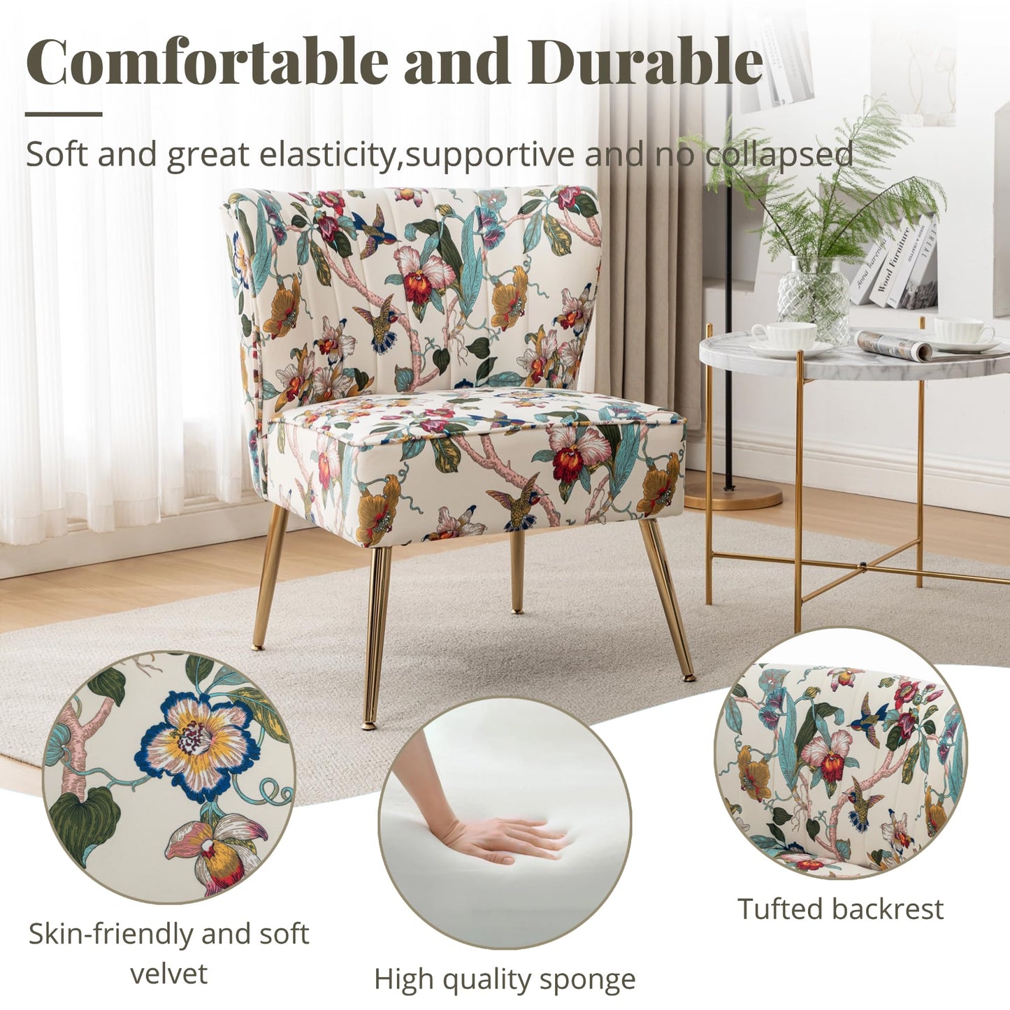 DRKAT Armless Accent Chair with Gold Metal Legs, Modern Comfy Tufted Living Room Chair, Velvet Upholstered Floral Side Chair, Mid Century Slipper Chair for Bedroom, Flower Print, Beige